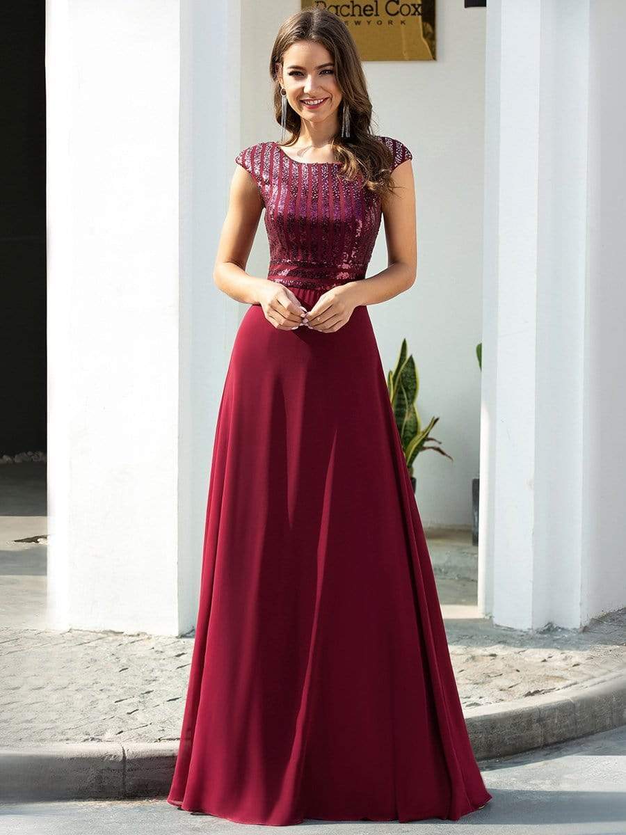 Color=Burgundy | Long A-Line Round Neckline Chiffon Party Dresses With Sequin-Burgundy 1