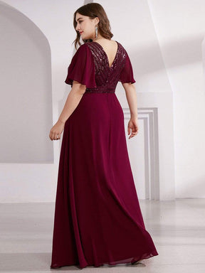 Color=Burgundy | Empire Waist Floor Length Plus Size Chiffon Evening Dress With Sequin-Burgundy 2