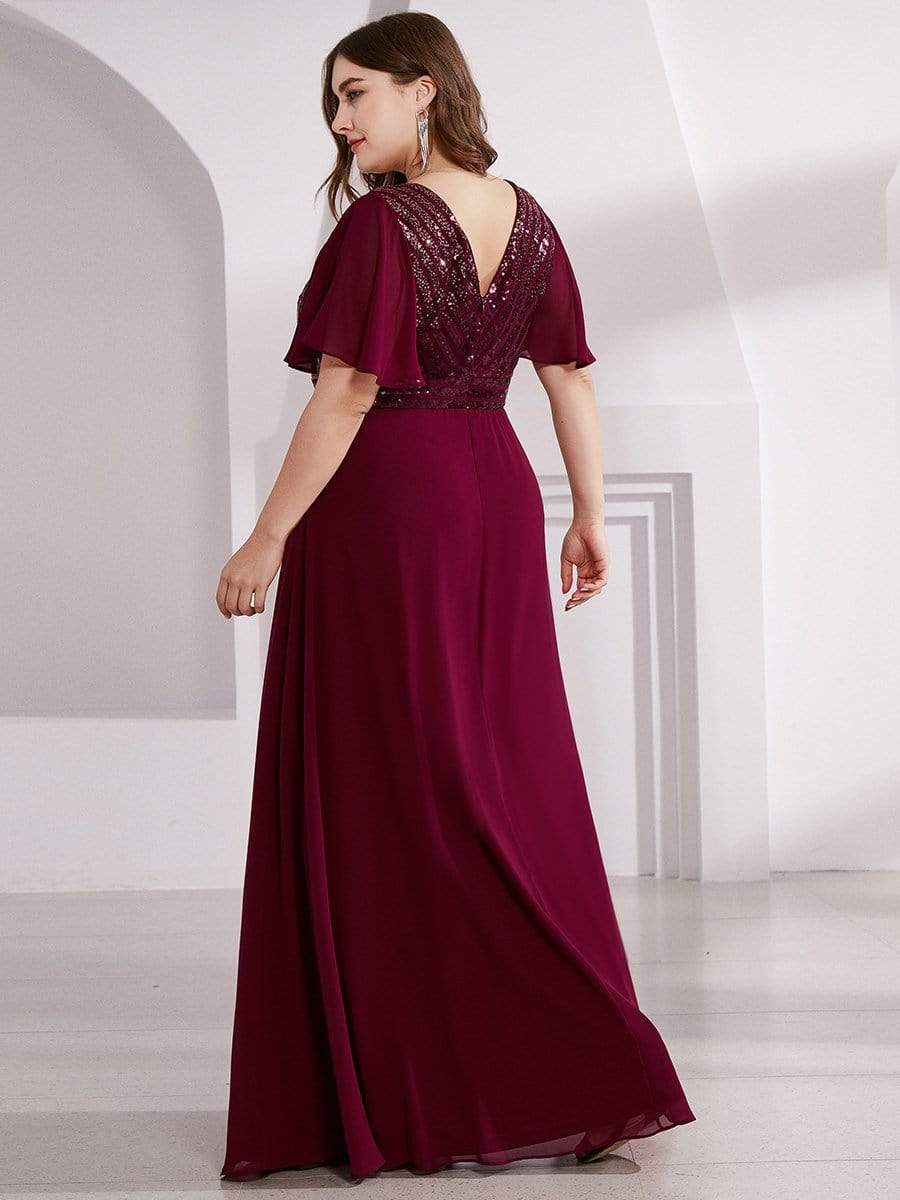 Color=Burgundy | Long Empire Waist Chiffon Evening Dress With Sequin-Burgundy 7