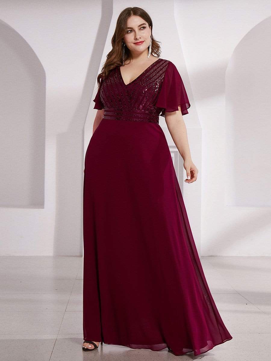 Color=Burgundy | Empire Waist Floor Length Plus Size Chiffon Evening Dress With Sequin-Burgundy 3
