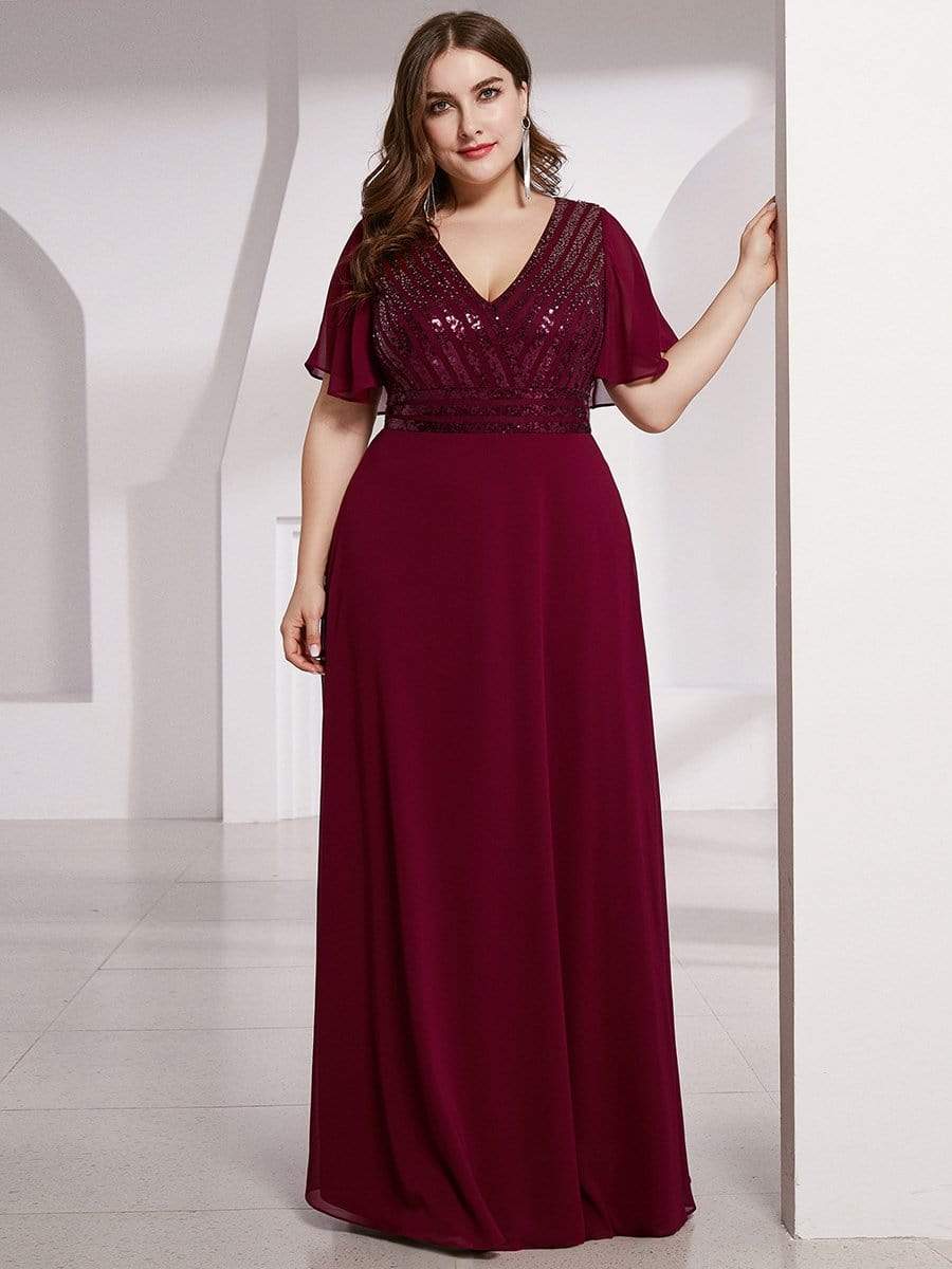 Color=Burgundy | Long Empire Waist Chiffon Evening Dress With Sequin-Burgundy 9
