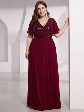 Color=Burgundy | Empire Waist Floor Length Plus Size Chiffon Evening Dress With Sequin-Burgundy 4