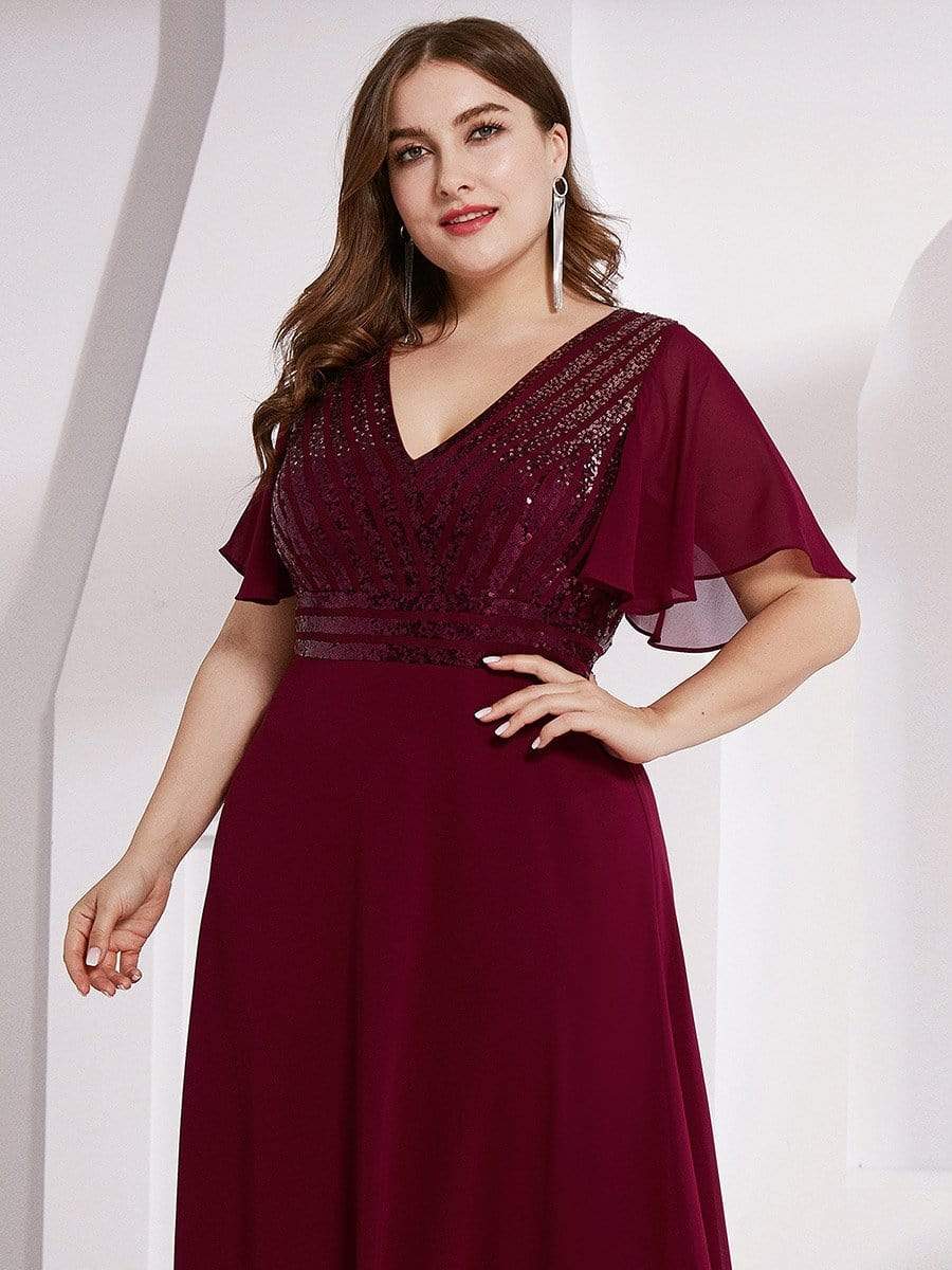 Color=Burgundy | Long Empire Waist Chiffon Evening Dress With Sequin-Burgundy 10