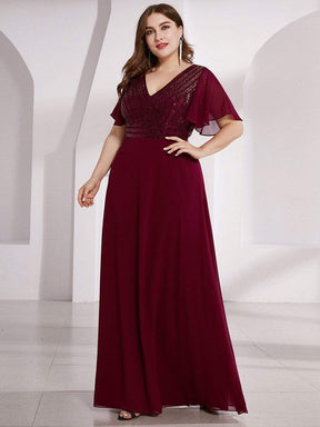 Color=Burgundy | Empire Waist Floor Length Plus Size Chiffon Evening Dress With Sequin-Burgundy 1