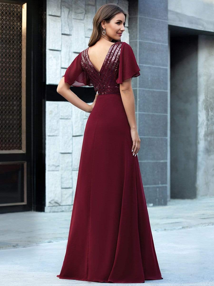 Color=Burgundy | Long Empire Waist Chiffon Evening Dress With Sequin-Burgundy 2