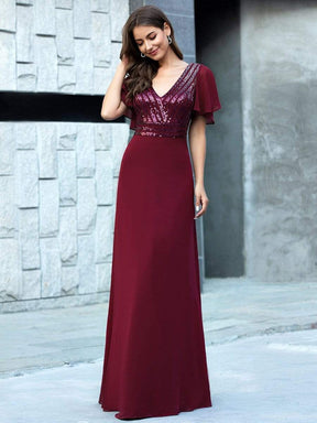 Color=Burgundy | Long Empire Waist Chiffon Evening Dress With Sequin-Burgundy 3