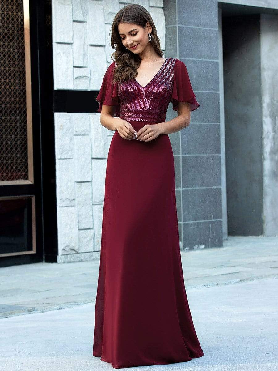 Color=Burgundy | Long Empire Waist Chiffon Evening Dress With Sequin-Burgundy 4
