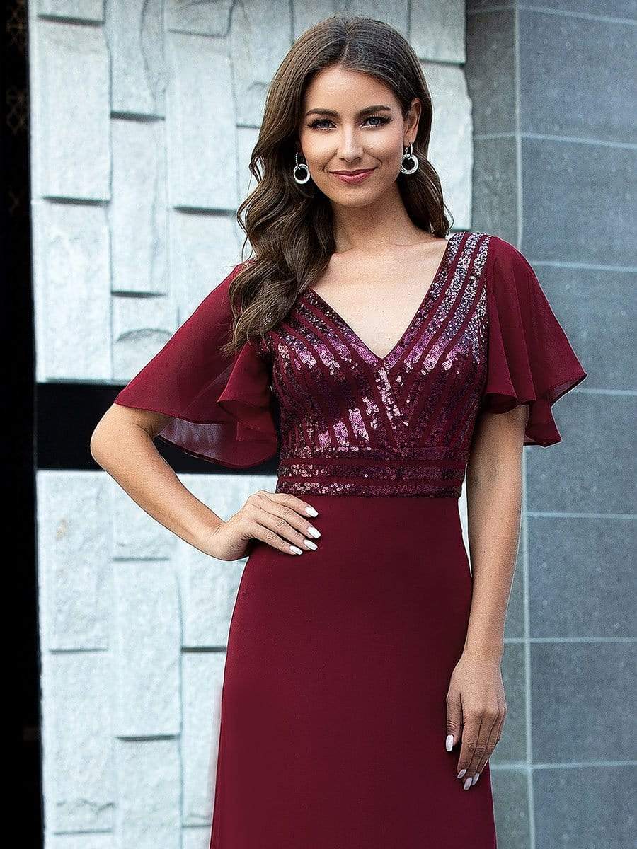 Color=Burgundy | Long Empire Waist Chiffon Evening Dress With Sequin-Burgundy 5