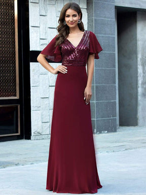 Color=Burgundy | Long Empire Waist Chiffon Evening Dress With Sequin-Burgundy 1