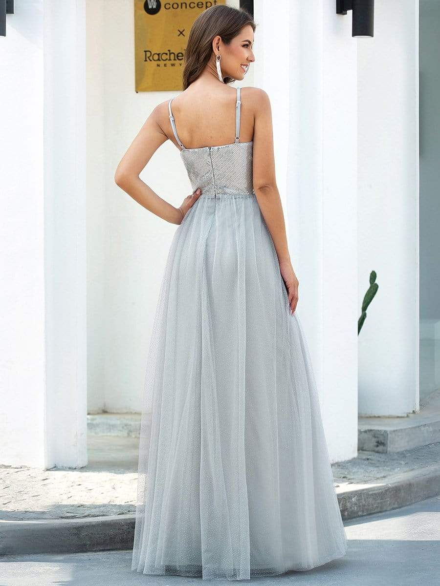 Color=Grey | V-Neck Spaghetti Straps Sequin & Tulle Bridesmaid Dress-Grey 2