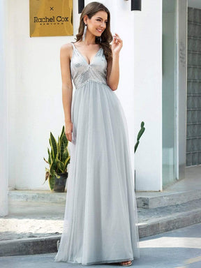 Color=Grey | V-Neck Spaghetti Straps Sequin & Tulle Bridesmaid Dress-Grey 3