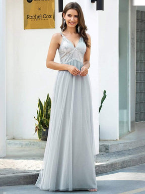 Color=Grey | V-Neck Spaghetti Straps Sequin & Tulle Bridesmaid Dress-Grey 4