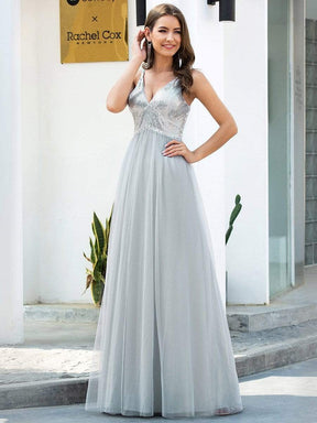 Color=Grey | V-Neck Spaghetti Straps Sequin & Tulle Bridesmaid Dress-Grey 1