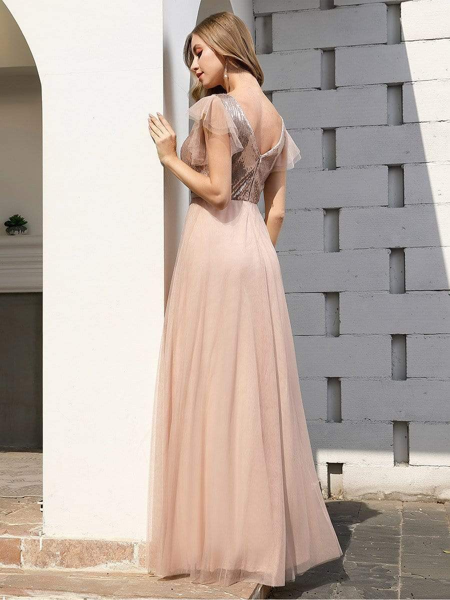 Color=Blush | Deep Double V Neck Flowy Tulle Bridesmaid Dresses-Blush 2