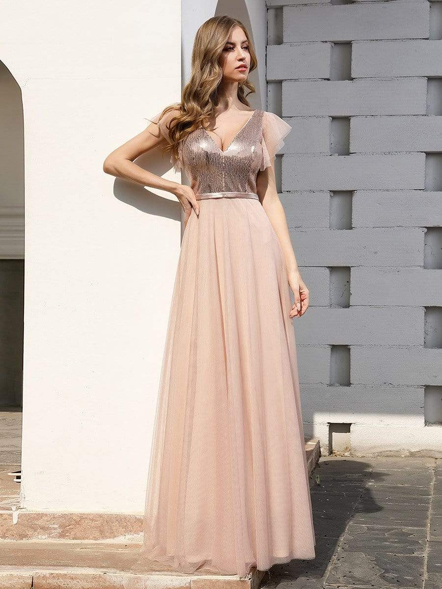 Color=Blush | Deep Double V Neck Flowy Tulle Bridesmaid Dresses-Blush 4