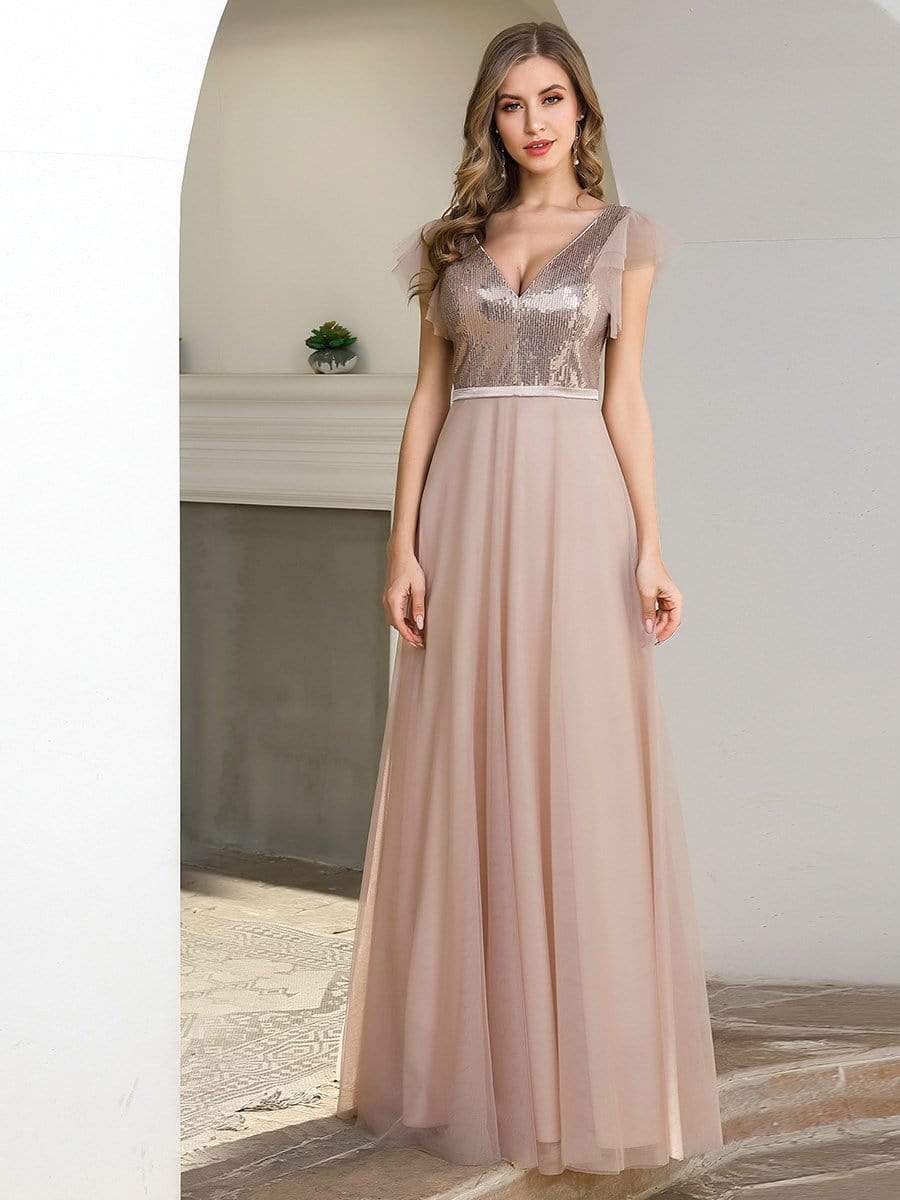 Color=Blush | Deep Double V Neck Flowy Tulle Bridesmaid Dresses-Blush 1