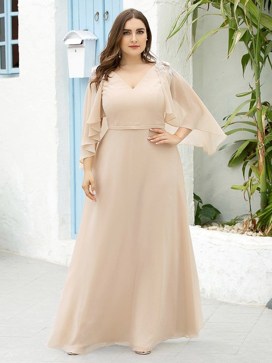 Color=Blush | Elegant V Neck Flowy Chiffon Bridesmaid Dresses With Wraps-Blush 17