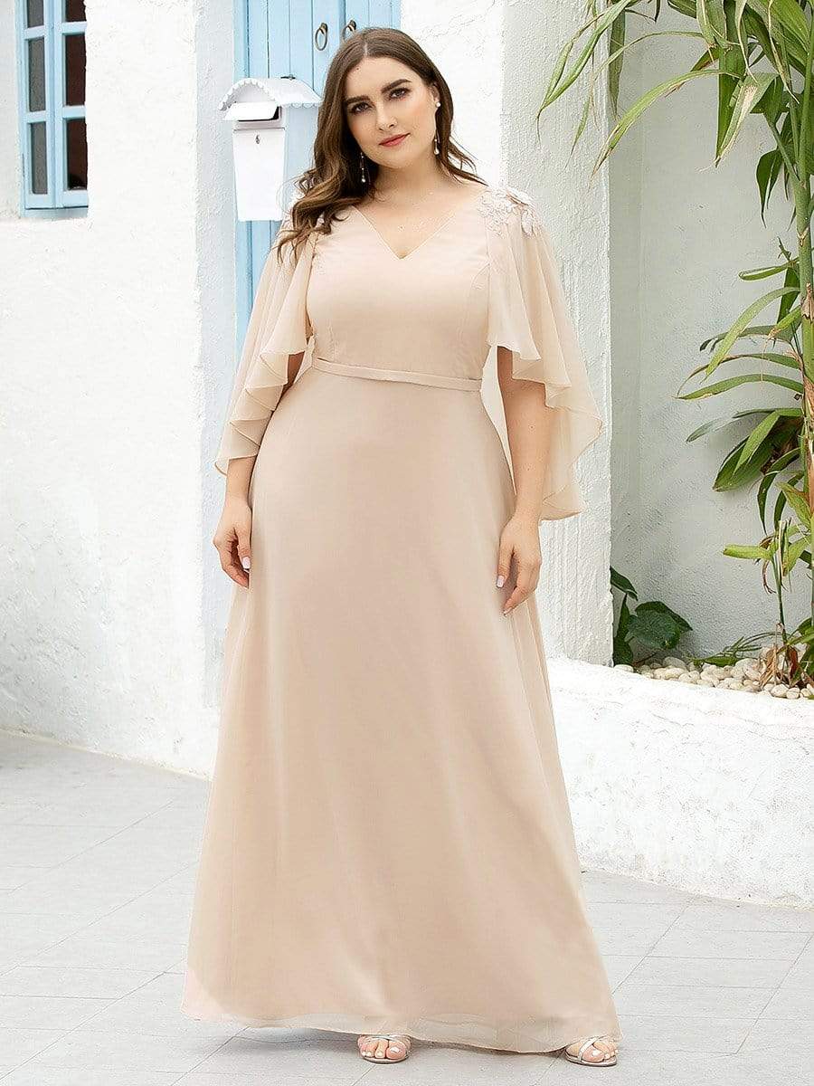 Color=Blush | Women'S Plus Size Floor Length Bridesmaid Dresses With Wraps-Blush 3