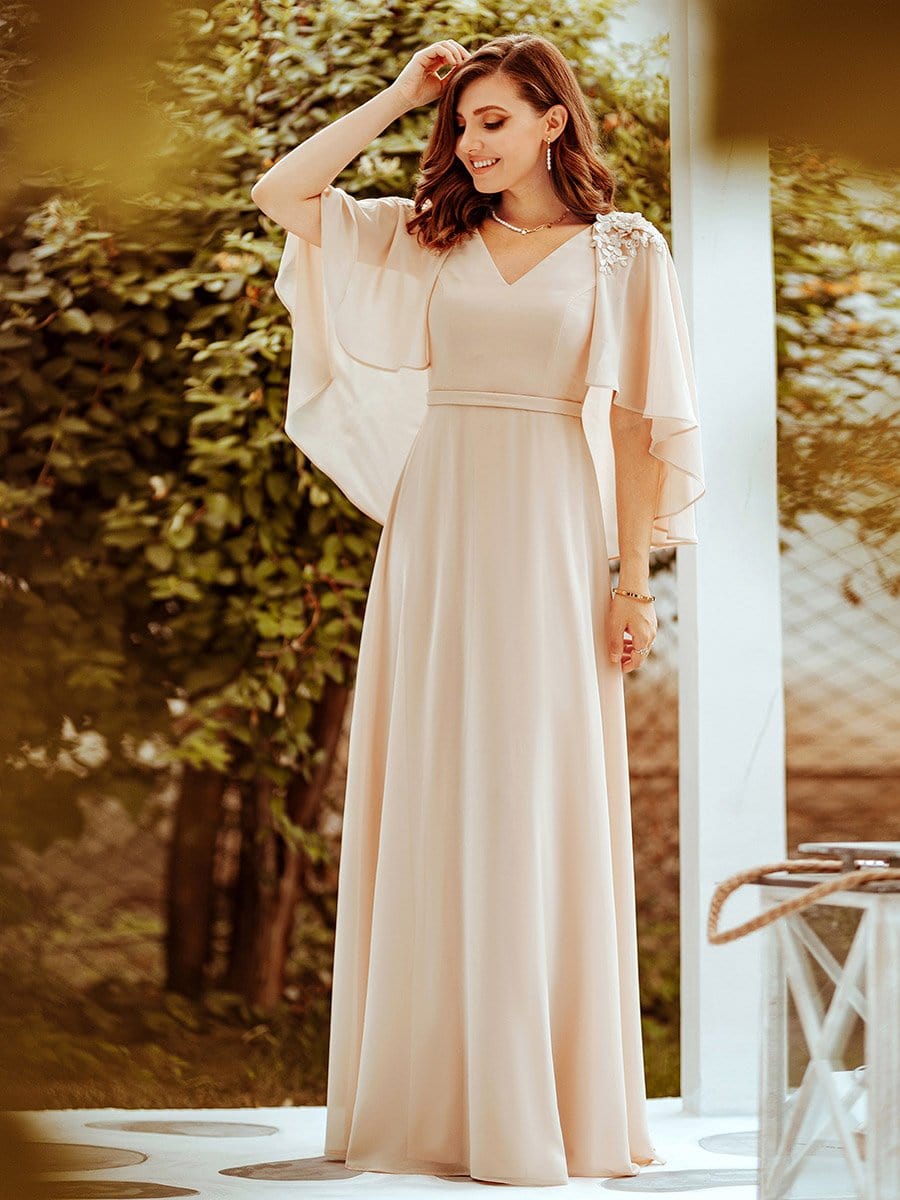 Color=Blush | Elegant V Neck Flowy Chiffon Bridesmaid Dresses With Wraps-Blush 11