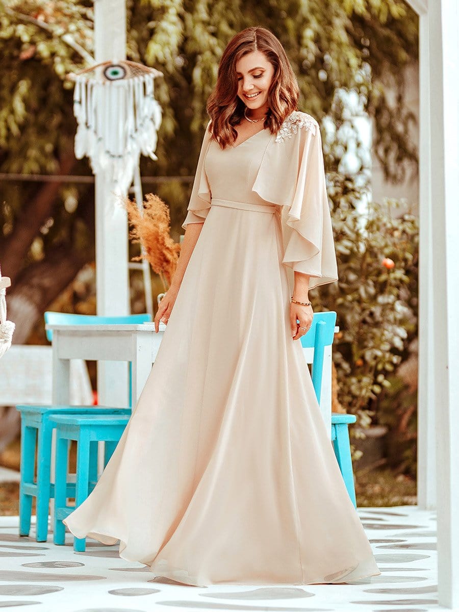 Color=Blush | Elegant V Neck Flowy Chiffon Bridesmaid Dresses With Wraps-Blush 1