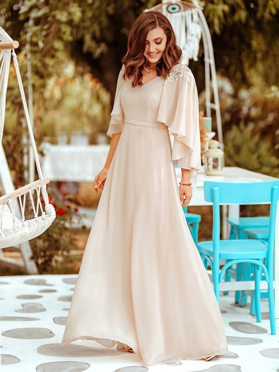 Color=Blush | Elegant V Neck Flowy Chiffon Bridesmaid Dresses With Wraps-Blush 3