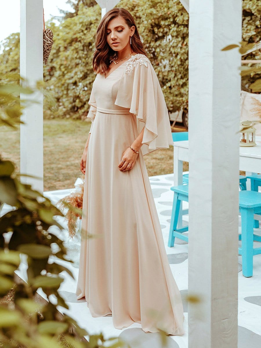 Color=Blush | Elegant V Neck Flowy Chiffon Bridesmaid Dresses With Wraps-Blush 5