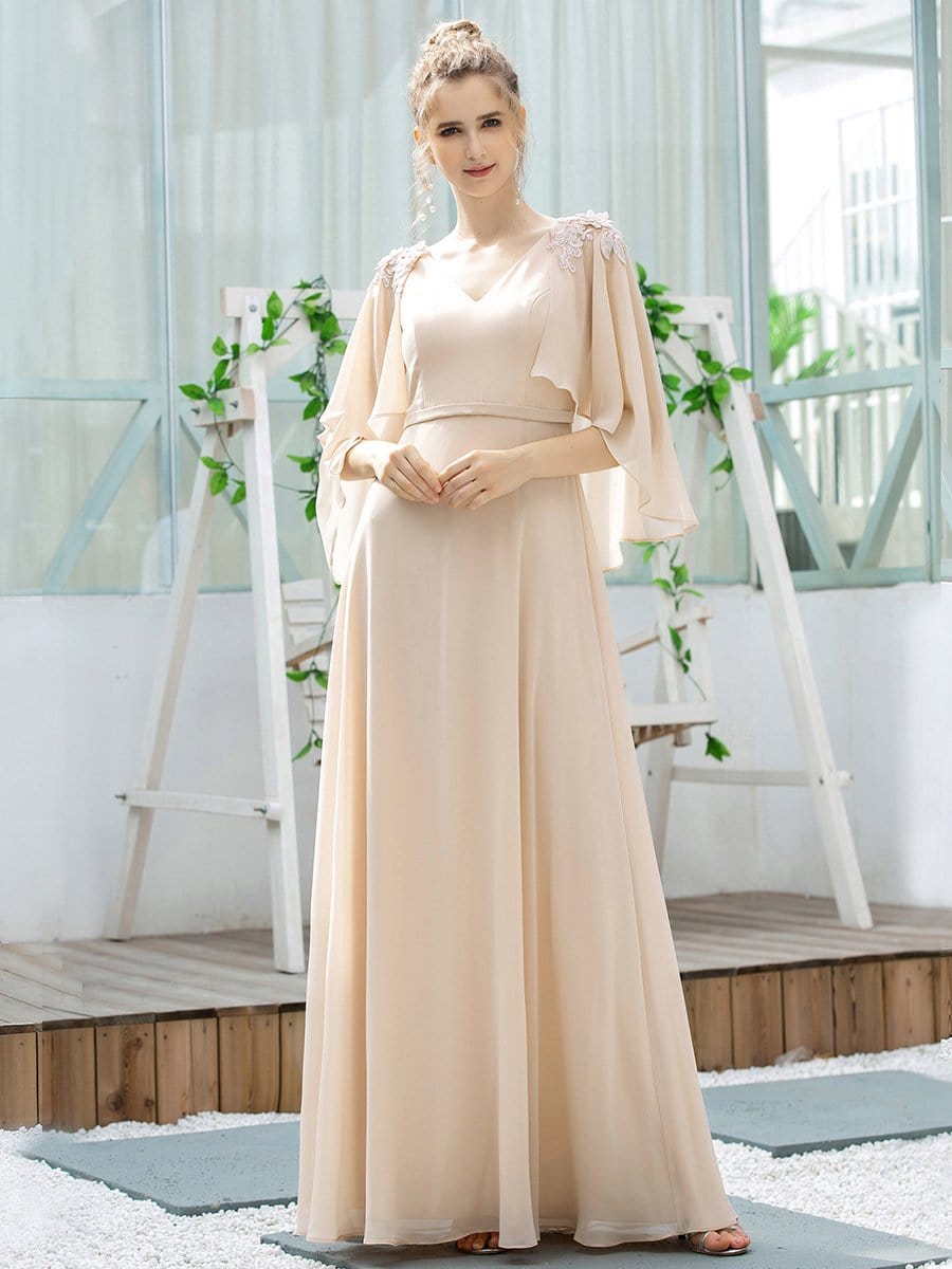 Color=Blush | Elegant V Neck Flowy Chiffon Bridesmaid Dresses With Wraps-Blush 14