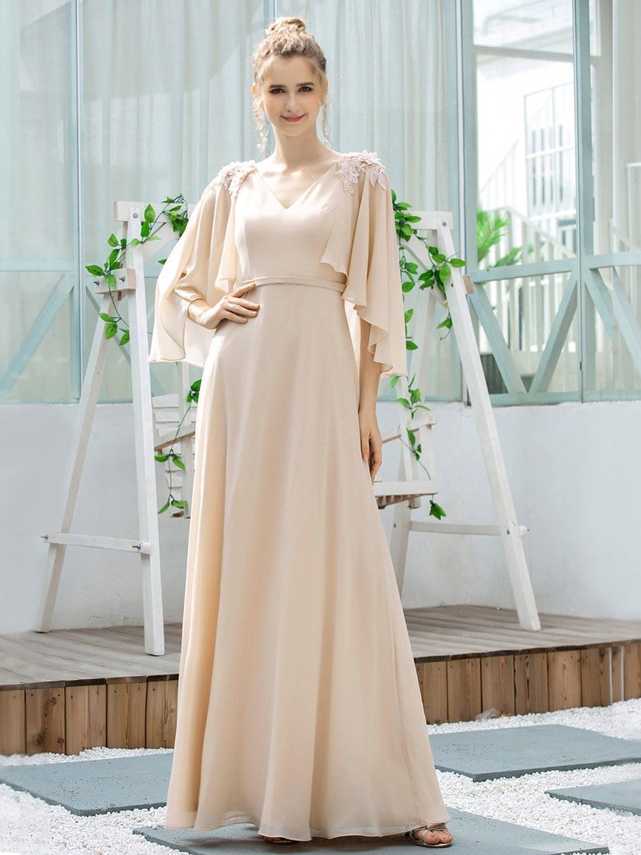 Color=Blush | Elegant V Neck Flowy Chiffon Bridesmaid Dresses With Wraps-Blush 15