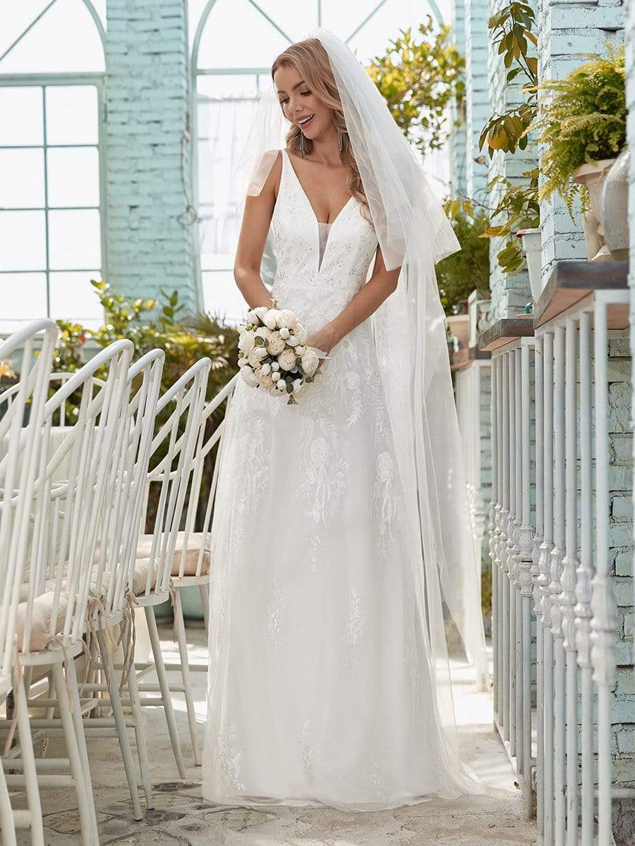 Color=Cream | Simple V Neck Wedding Dress With Floral Embroidery-Cream 3