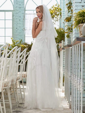 Color=Cream | Simple V Neck Wedding Dress With Floral Embroidery-Cream 5