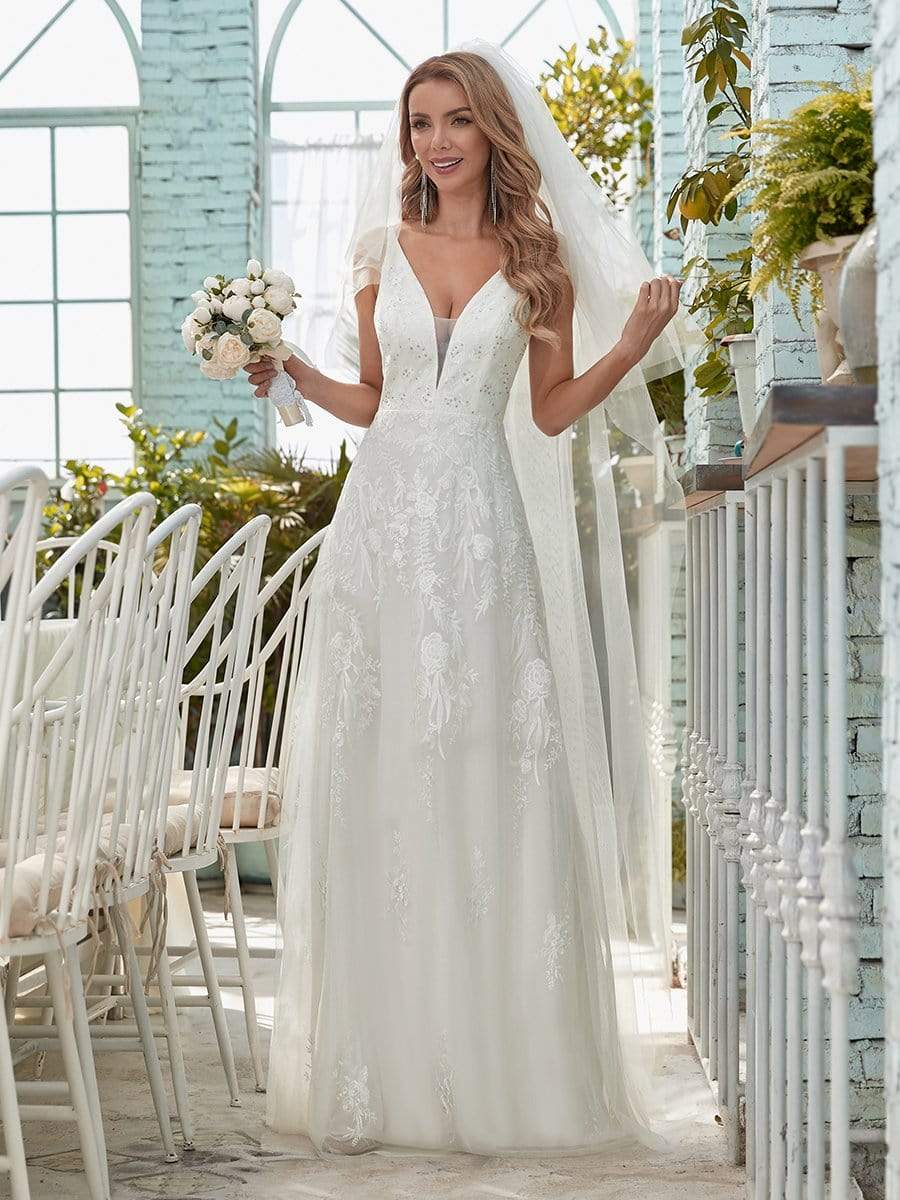 Color=Cream | Simple V Neck Wedding Dress With Floral Embroidery-Cream 1