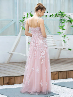 Color=Pink | Floral Embroidered V Neck A-Line Tulle Bridesmaid Dresses With Lace-Pink 2