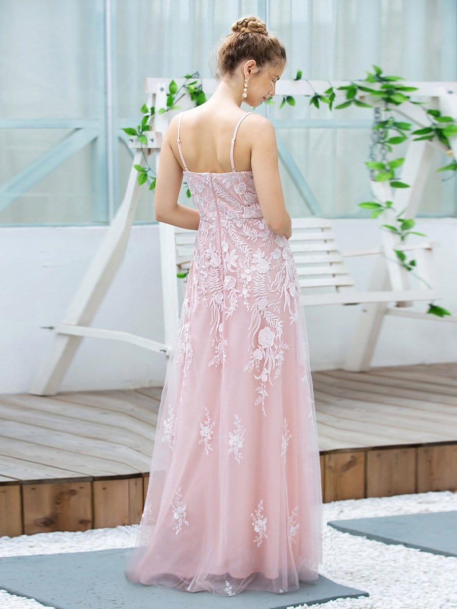 Color=Pink | Floral Embroidered V Neck A-Line Tulle Bridesmaid Dresses With Lace-Pink 2