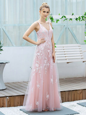 Color=Pink | Floral Embroidered V Neck A-Line Tulle Bridesmaid Dresses With Lace-Pink 3