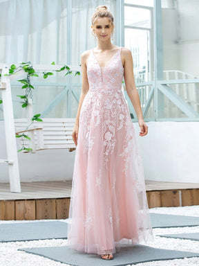 Color=Pink | Floral Embroidered V Neck A-Line Tulle Bridesmaid Dresses With Lace-Pink 4