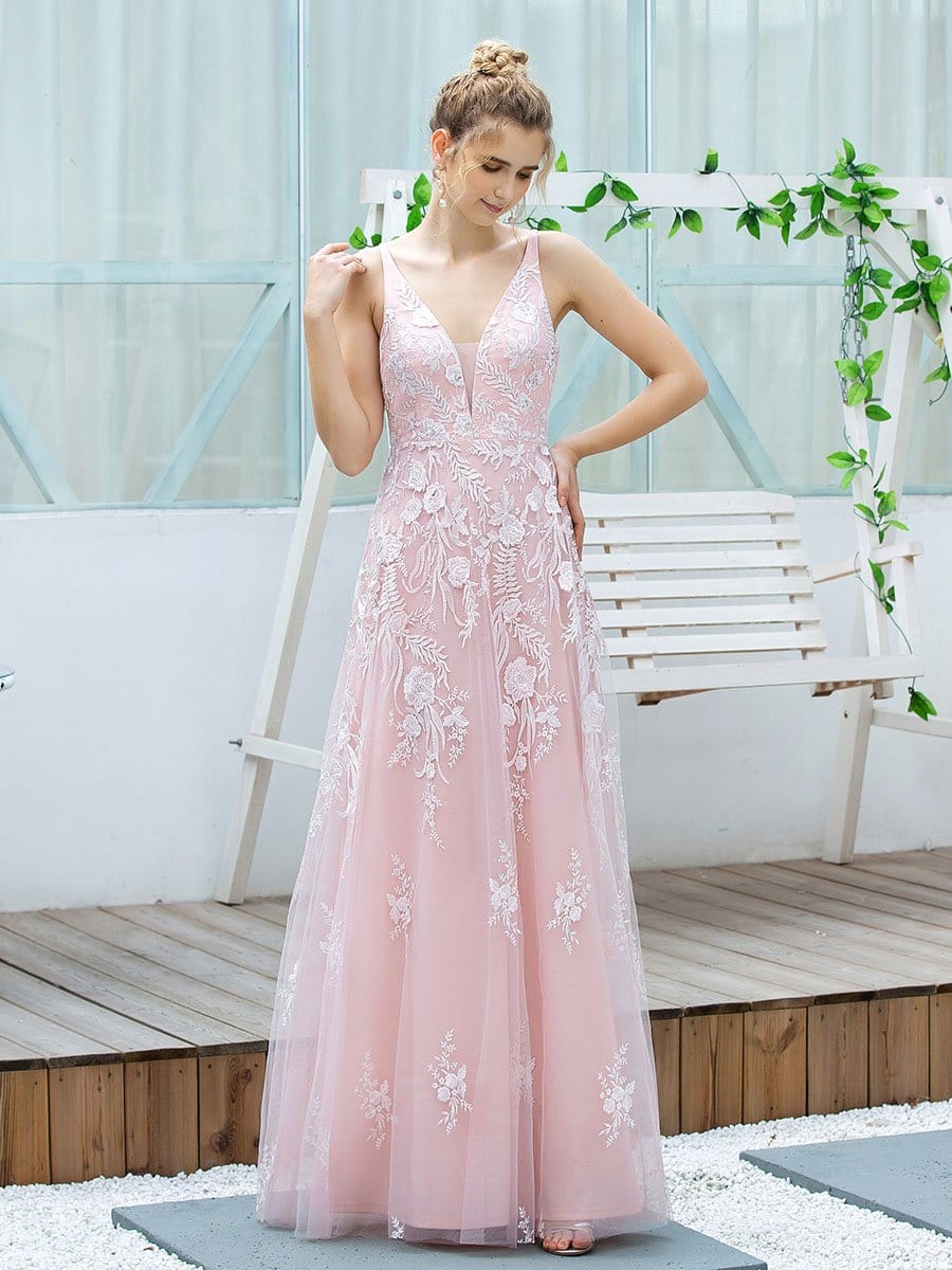 Color=Pink | Floral Embroidered V Neck A-Line Tulle Bridesmaid Dresses With Lace-Pink 1