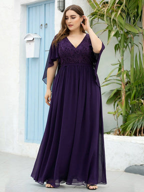 Color=Dark Purple | Women'S Floor Length Deep V Neck Plus Size Evening Dress With Lace-Dark Purple 3