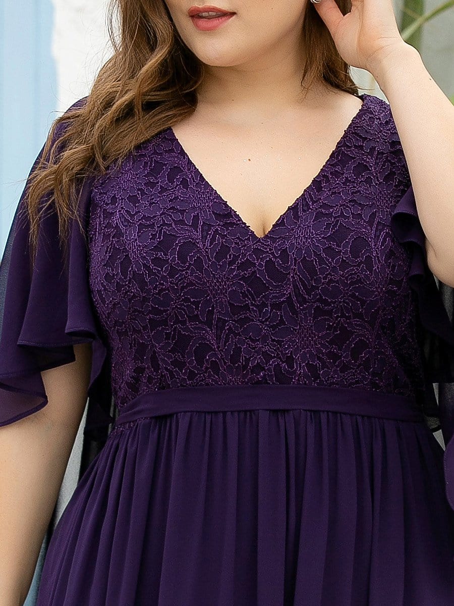 Color=Dark Purple | Women'S Floor Length Deep V Neck Plus Size Evening Dress With Lace-Dark Purple 5