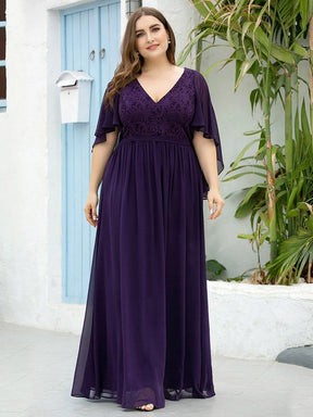 Color=Dark Purple | Women'S Floor Length Deep V Neck Plus Size Evening Dress With Lace-Dark Purple 1