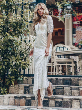 Color=Silver | Deep V Neckline Half Sleeves Sequin Tassels Prom Dresses-Silver 7