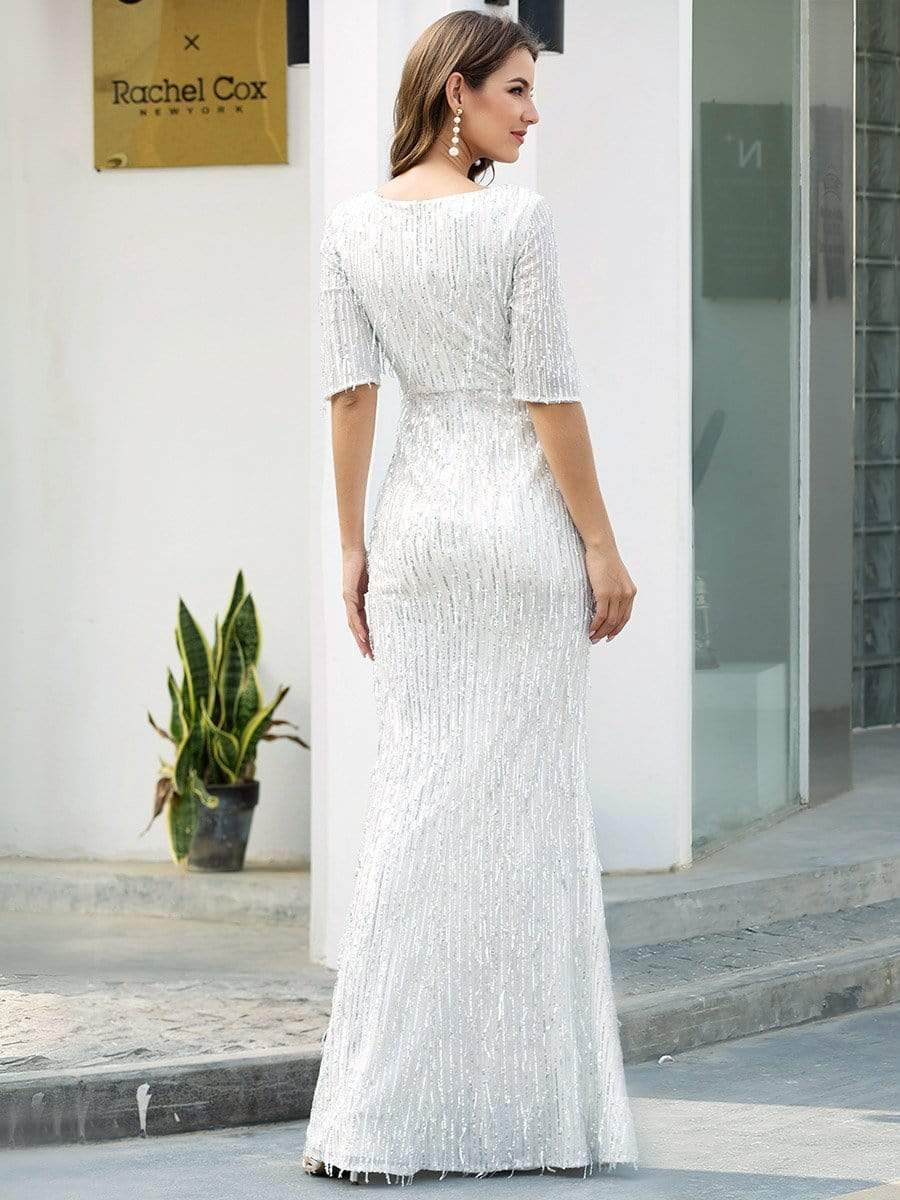 Color=Silver | Deep V Neckline Half Sleeves Sequin Tassels Prom Dresses-Silver 2