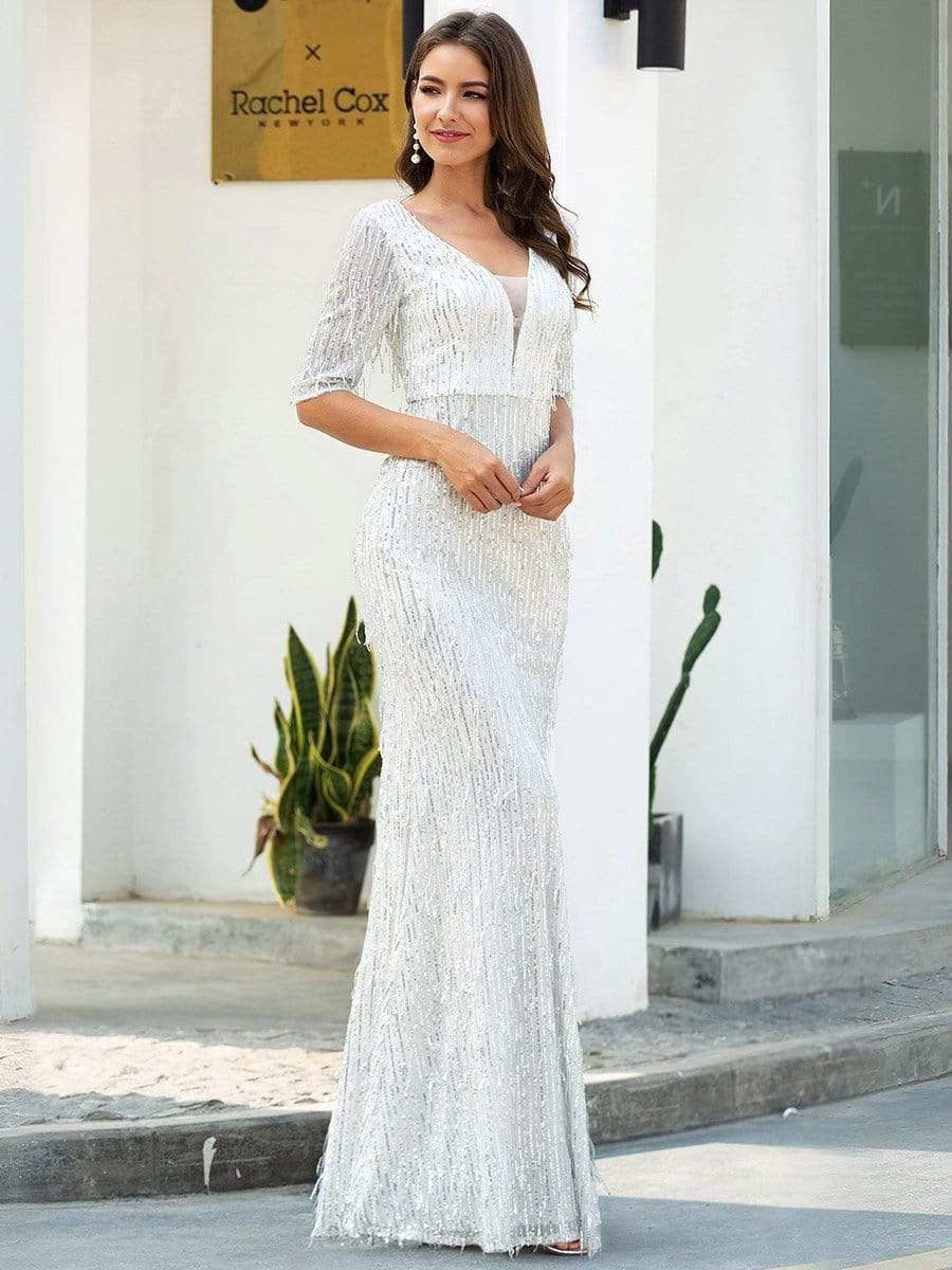 Color=Silver | Deep V Neckline Half Sleeves Sequin Tassels Prom Dresses-Silver 3