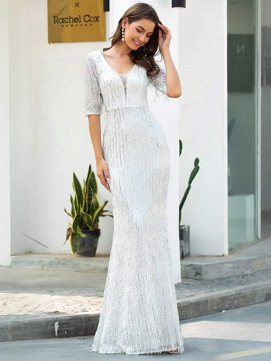 Color=Silver | Deep V Neckline Half Sleeves Sequin Tassels Prom Dresses-Silver 4