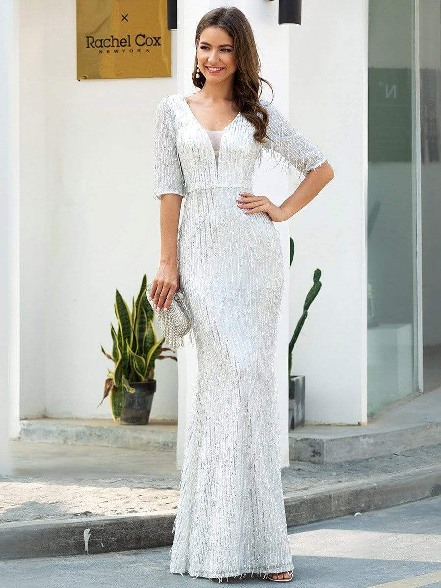 Color=Silver | Deep V Neckline Half Sleeves Sequin Tassels Prom Dresses-Silver 1