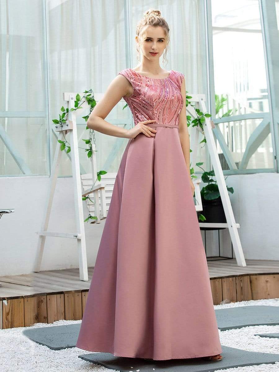 Prom Dresses Sequin A-Line Round Neck Sleeveless Long
