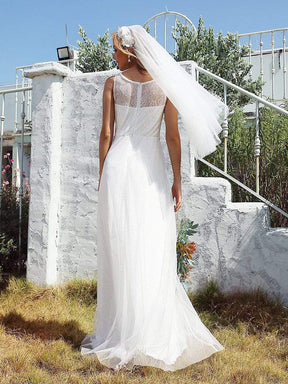 Color=Cream | Plain Round Neck Sleeveless Lace & Tulle Wedding Dress-Cream 5