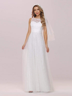 Color=Cream | Plain Round Neck Sleeveless Lace & Tulle Wedding Dress-Cream 9