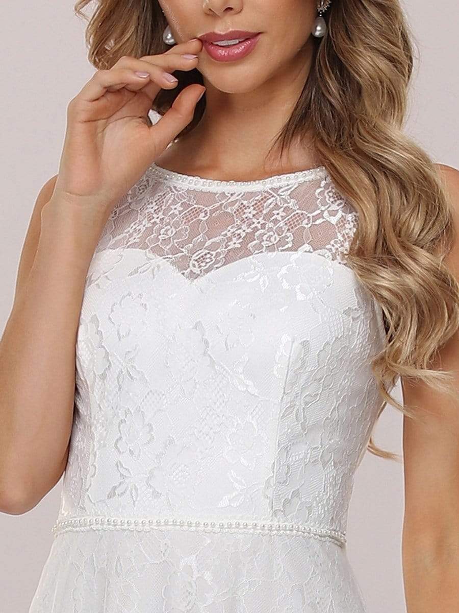 Color=Cream | Plain Round Neck Sleeveless Lace & Tulle Wedding Dress-Cream 10