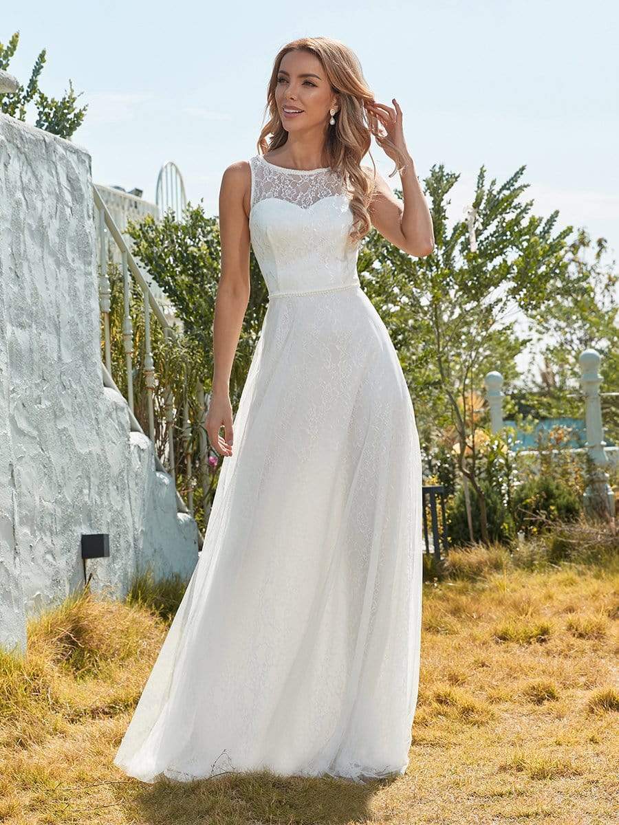 Color=Cream | Plain Round Neck Sleeveless Lace & Tulle Wedding Dress-Cream 7