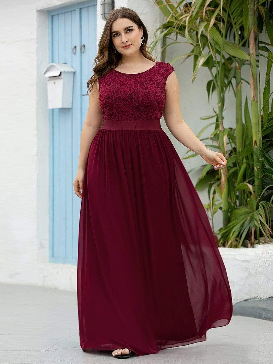 Color=Burgundy | Classic Round Neck V Back A-Line Chiffon Bridesmaid Dresses With Lace-Burgundy4